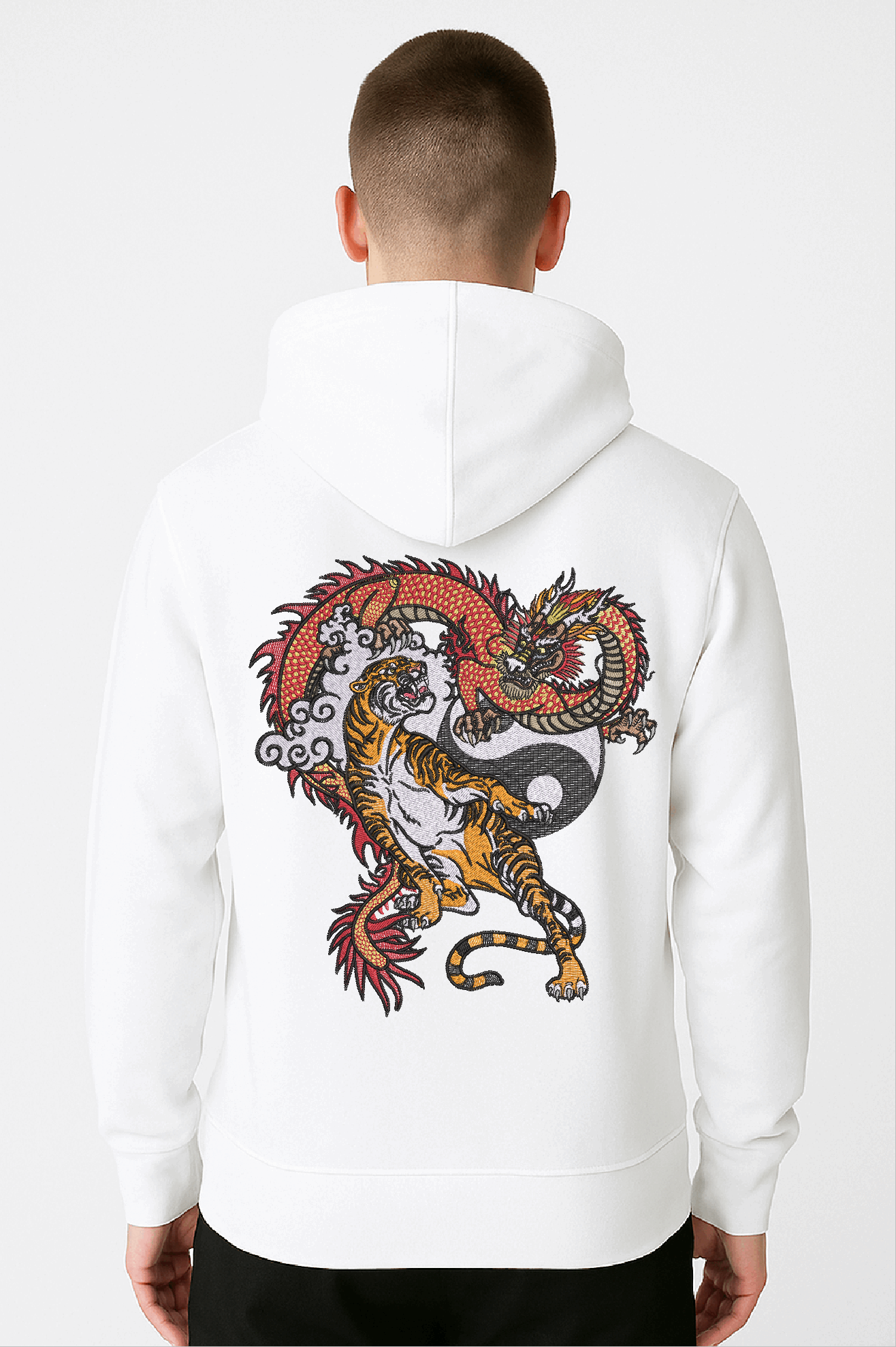 "Eternal Rivals" Embroidered Hoodie – Tiger vs. Dragon in Balance & Battle