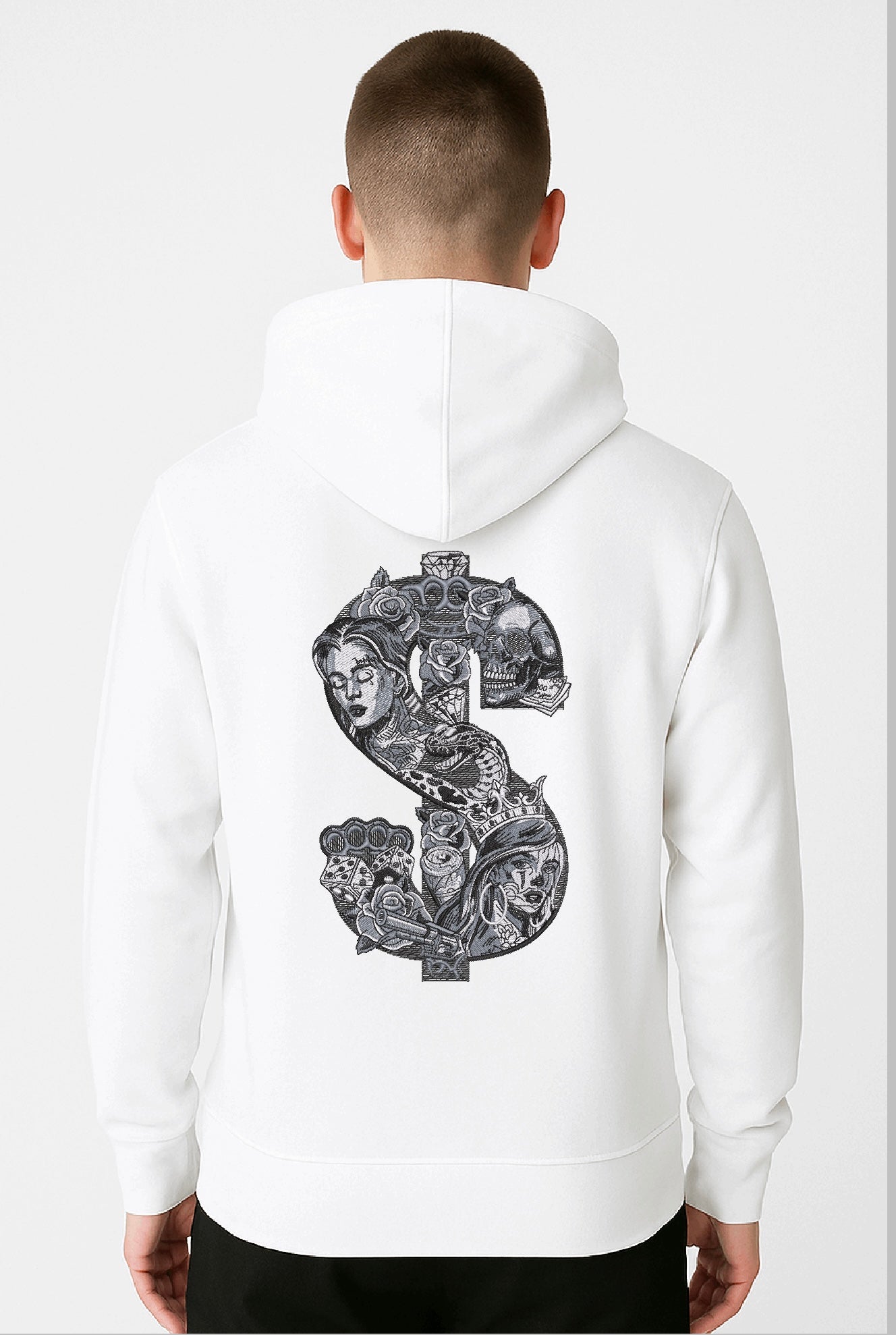 "Money & Power" Embroidered Hoodie – Street Symbolism in Monochrome Threads