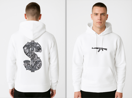 "Money & Power" Embroidered Hoodie – Street Symbolism in Monochrome Threads
