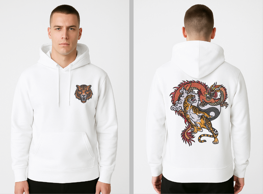 "Eternal Rivals" Embroidered Hoodie – Tiger vs. Dragon in Balance & Battle